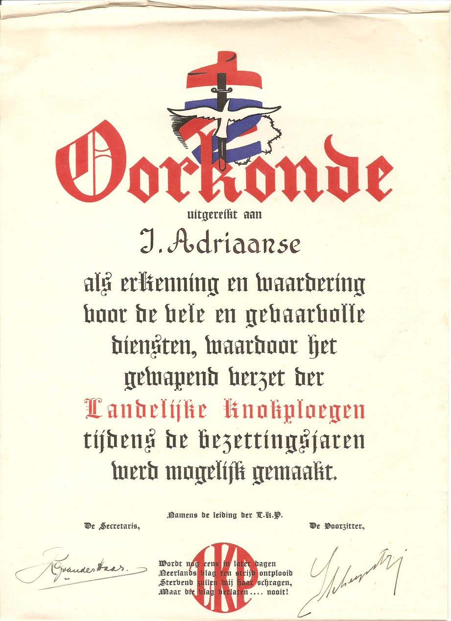 Deel van de oorkonde die Adriaanse van de Landelijke Knokploegen kreeg voor zijn hulp aan het gewapend verzet