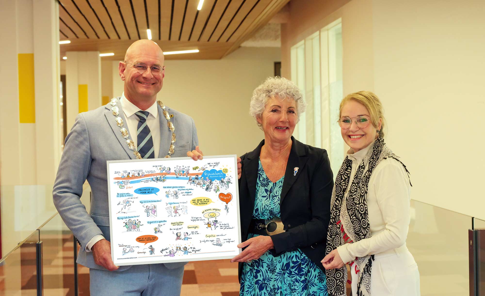 Van links naar rechts burgemeester Jan Nieuwenburg, Christa van Hees namens Comité 40-45 en Hélène de Bruijn namens de gezamenlijke Rotaryclubs in Hoorn (foto: Hélène de Bruijn Fotografie). Van links naar rechts burgemeester Jan Nieuwenburg, Christa van Hees namens Comité 40-45 en Hélène de Bruijn namens de gezamenlijke Rotaryclubs in Hoorn (foto: Hélène de Bruijn Fotografie).