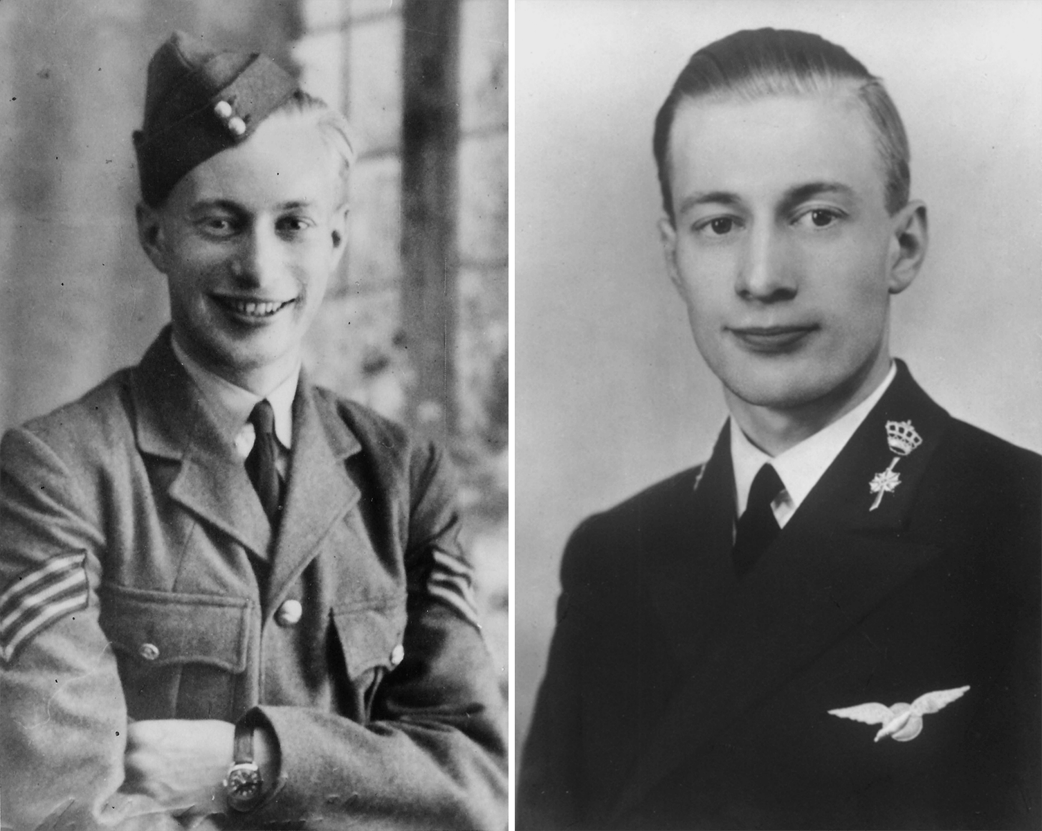 Twee portretten van Jan Peetoom, links in militair uniform met schuitje en rechts in uniform van de Marine Luchtvaart Dienst